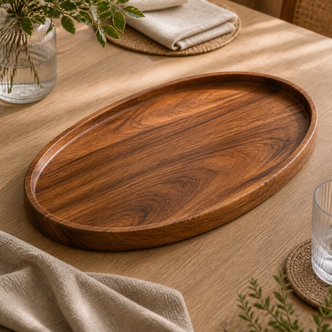 Bandeja Decorativa Oval de Madeira para Mesa Posta em imagem hero premium - Viorenna