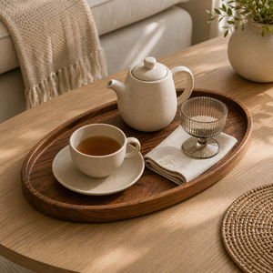 Bandeja Decorativa Oval de Madeira para Mesa Posta em imagem uso real premium - Viorenna