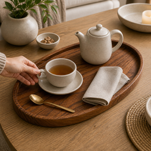 Bandeja Decorativa Oval de Madeira para Mesa Posta em imagem detalhe funcional premium - Viorenna