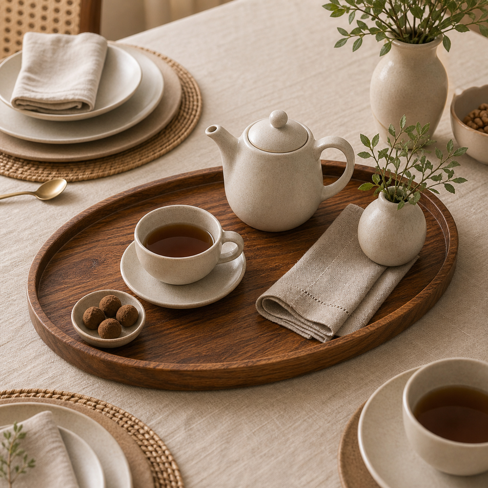 Bandeja Decorativa Oval de Madeira para Mesa Posta em imagem cena complementar premium - Viorenna