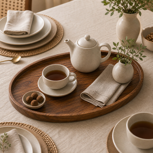 Bandeja Decorativa Oval de Madeira para Mesa Posta em imagem cena complementar premium - Viorenna