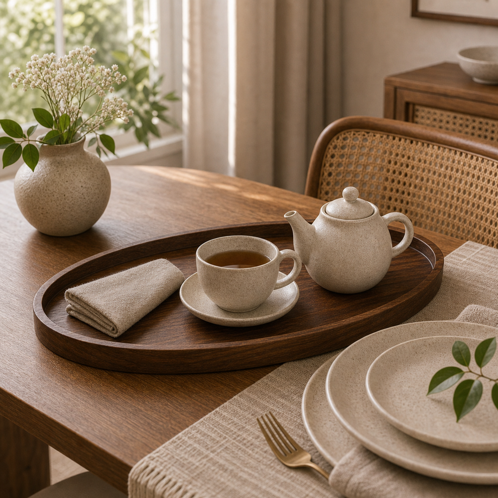 Bandeja Decorativa Oval de Madeira para Mesa Posta - imagem 07 escala proporcao premium Viorenna