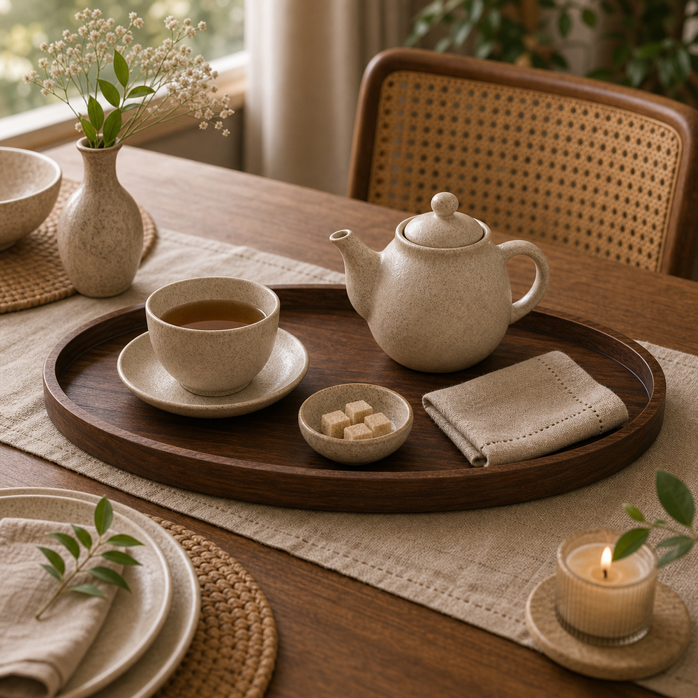Bandeja Decorativa Oval de Madeira para Mesa Posta - imagem 08 variacao uso composicao premium Viorenna