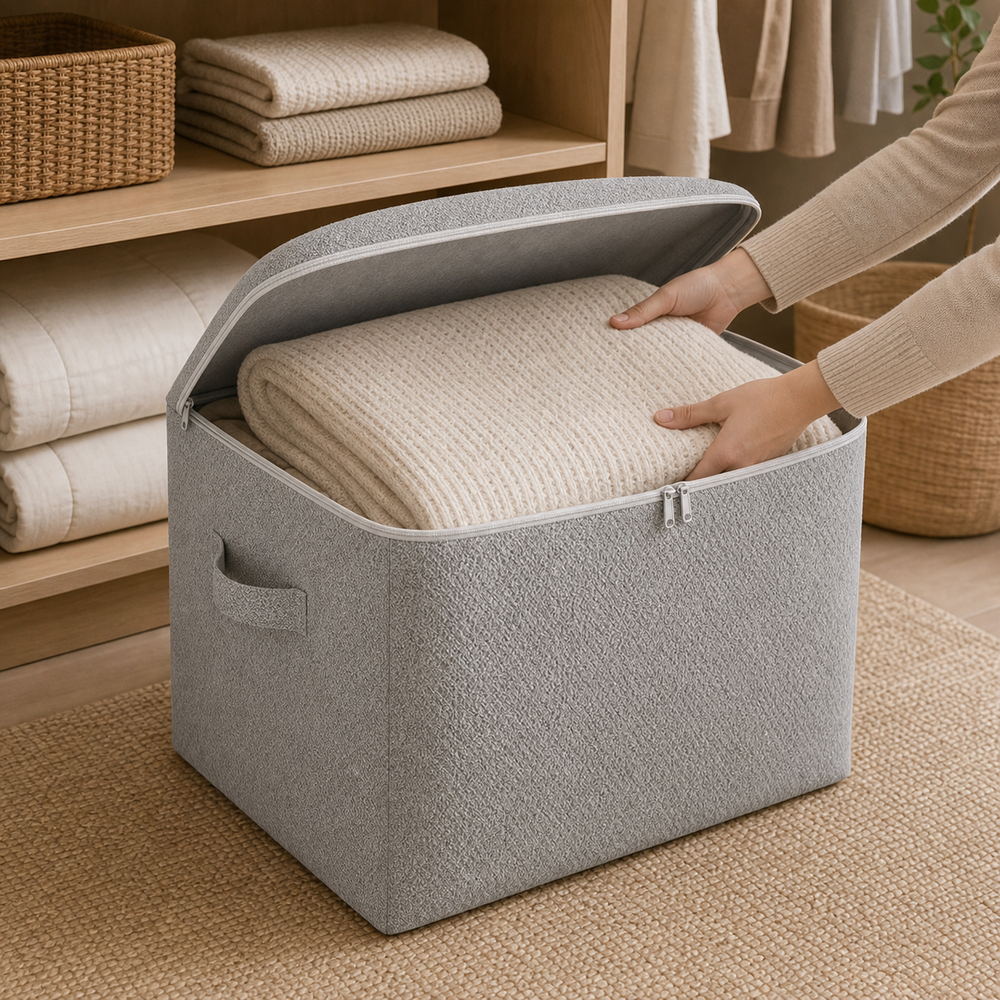 Bolsa Organizadora Grande para Edredons e Cobertores em imagem uso real premium - Viorenna