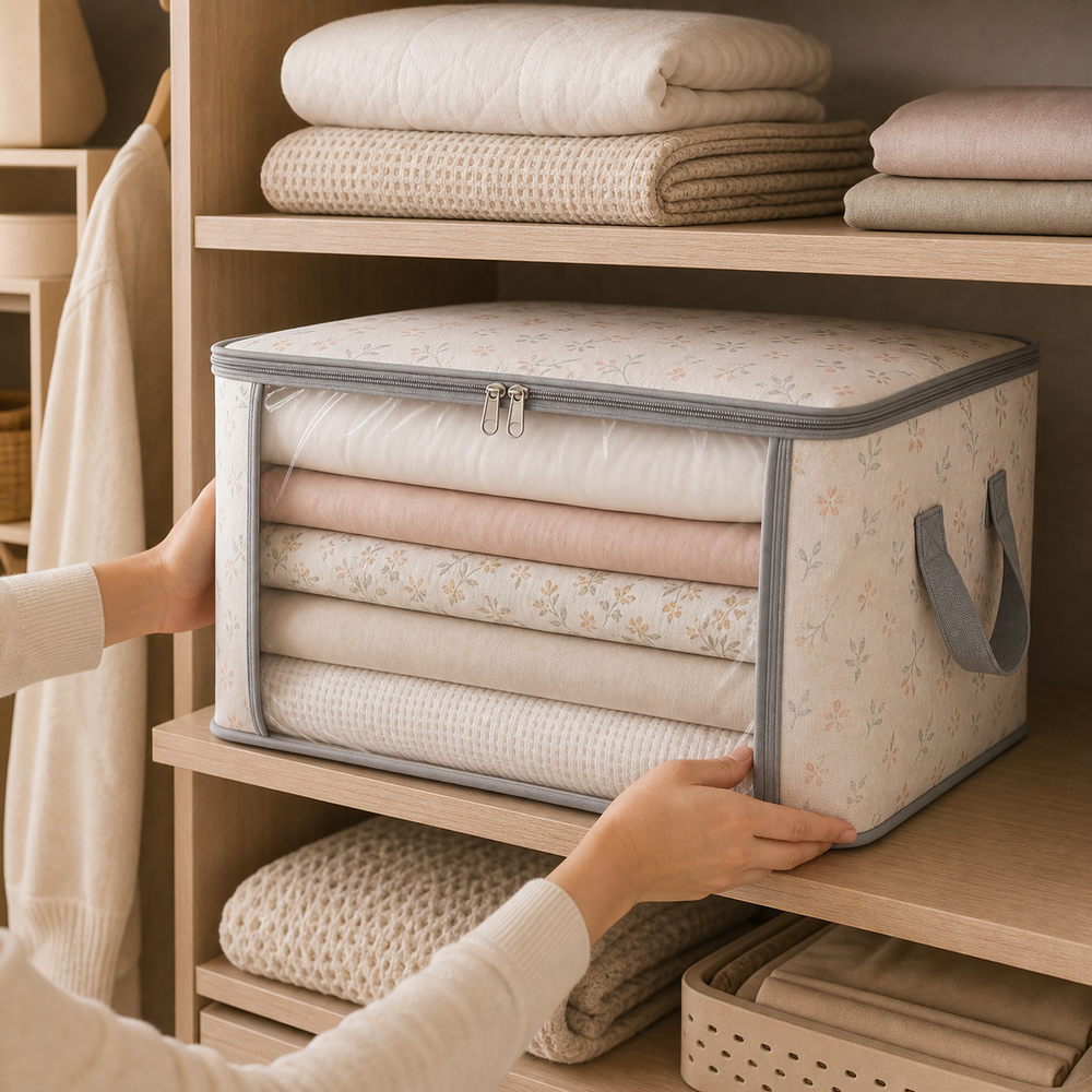 Bolsa Organizadora para Roupas de Cama em imagem uso real premium - Viorenna