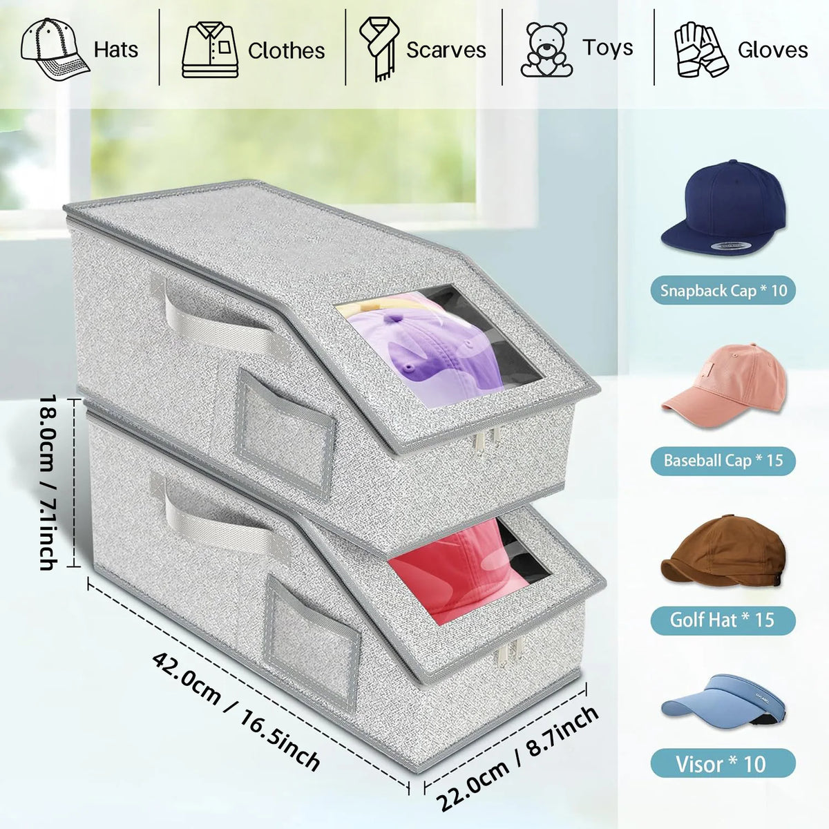 Caixa Organizadora para Bonés com Visor Transparente em ambiente organizado
