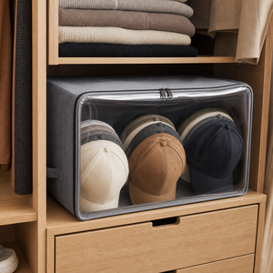 Caixa Organizadora para Bonés com Visor Transparente em imagem uso real premium - Viorenna