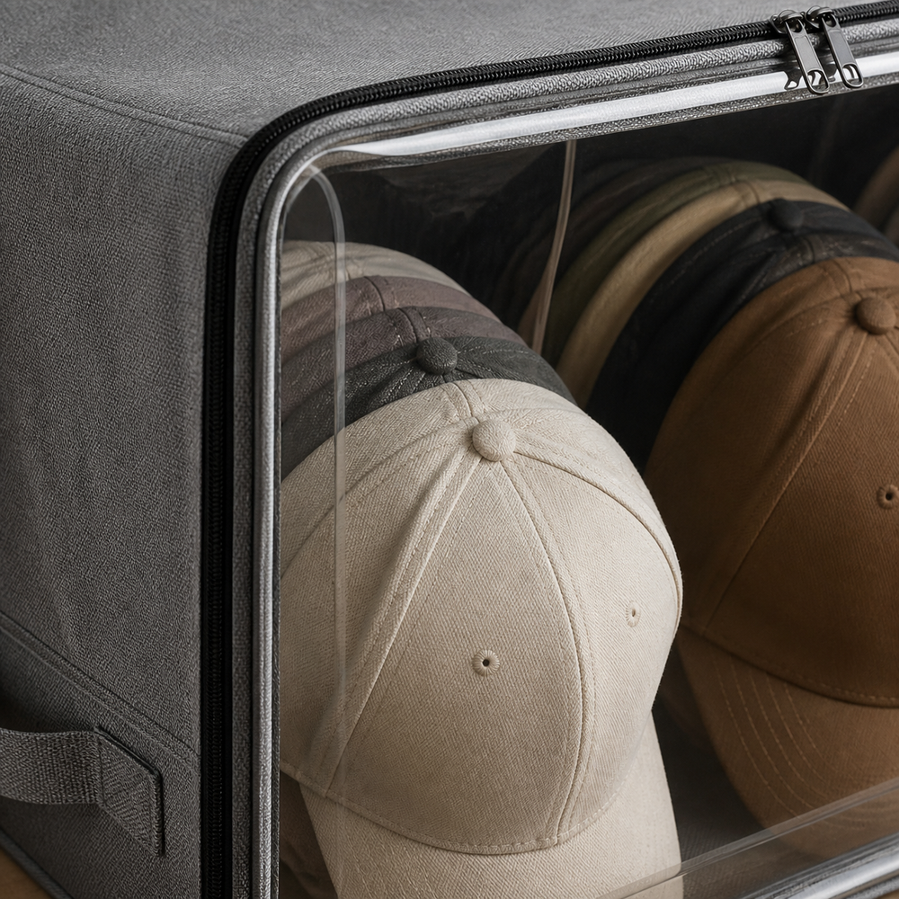 Caixa Organizadora para Bonés com Visor Transparente em imagem close material premium - Viorenna