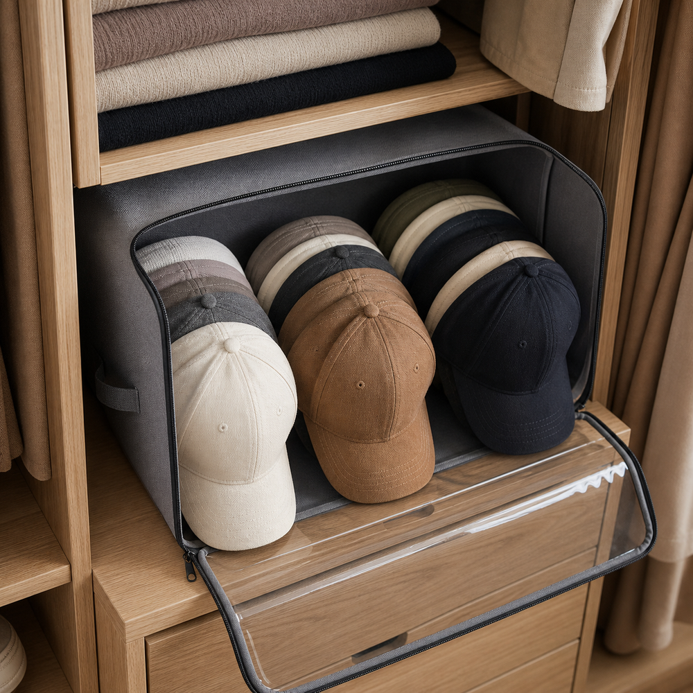 Caixa Organizadora para Bonés com Visor Transparente em imagem detalhe funcional premium - Viorenna