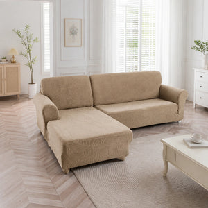 Capa para sofá jacquard bege em ambiente principal de sala