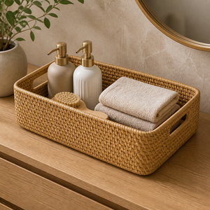 Cesto Decorativo de Fibra Natural para Mesa em imagem uso real premium - Viorenna