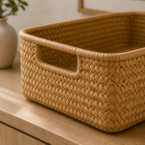 Cesto Decorativo de Fibra Natural para Mesa em imagem close material premium - Viorenna