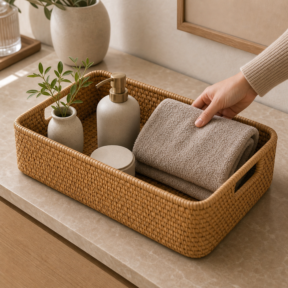 Cesto Decorativo de Fibra Natural para Mesa em imagem detalhe funcional premium - Viorenna