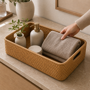 Cesto Decorativo de Fibra Natural para Mesa em imagem detalhe funcional premium - Viorenna