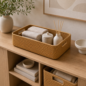 Cesto Decorativo de Fibra Natural para Mesa em imagem cena complementar premium - Viorenna