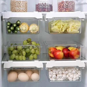 Cesto Retrátil Transparente para Geladeira com alimentos armazenados