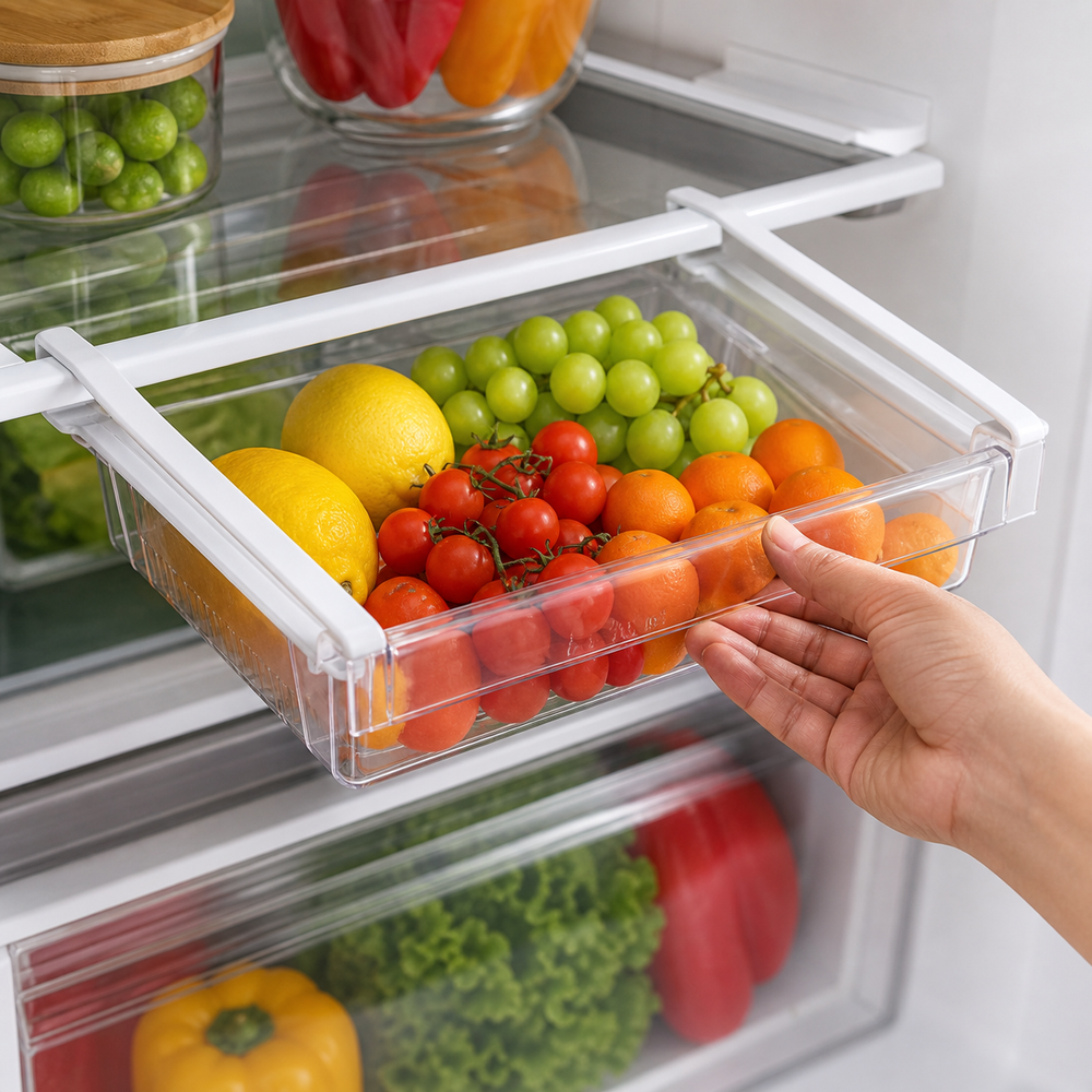 Cesto Retrátil Transparente para Geladeira em imagem hero premium - Viorenna