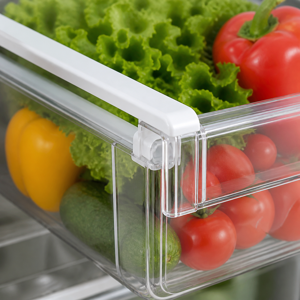 Cesto Retrátil Transparente para Geladeira em imagem close material premium - Viorenna
