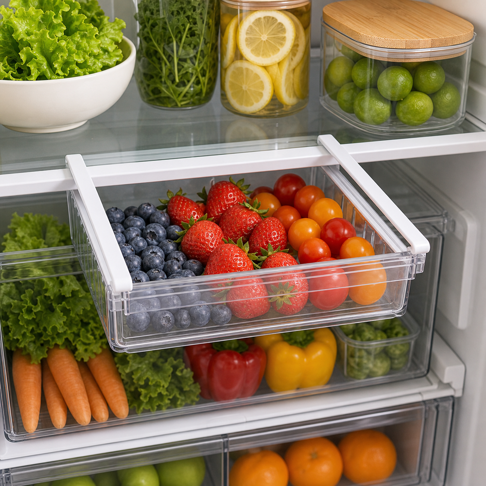 Cesto Retrátil Transparente para Geladeira em imagem cena complementar premium - Viorenna