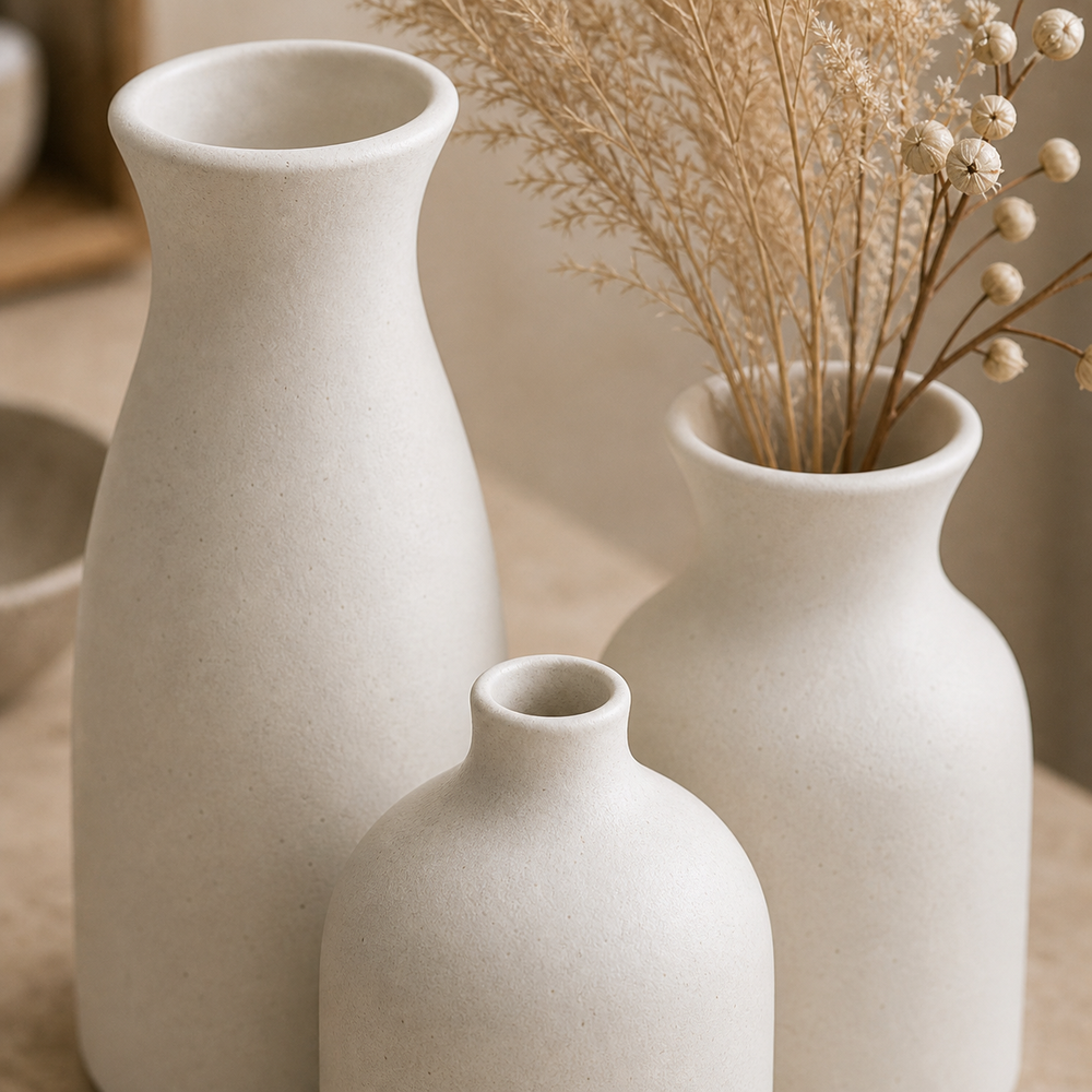 Conjunto de Vasos Decorativos Boho Conjunto de 3 Peças de Cerâmica para Mesa em imagem close material premium - Viorenna