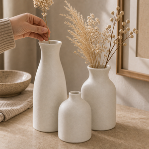 Conjunto de Vasos Decorativos Boho Conjunto de 3 Peças de Cerâmica para Mesa em imagem detalhe funcional premium - Viorenna