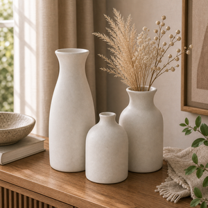 Conjunto de Vasos Decorativos Boho Conjunto de 3 Peças de Cerâmica para Mesa em imagem cena complementar premium - Viorenna