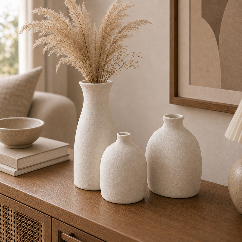 Conjunto de Vasos Decorativos Boho Conjunto de 3 Peças de Cerâmica para Mesa - imagem 06 angulo secundario premium Viorenna