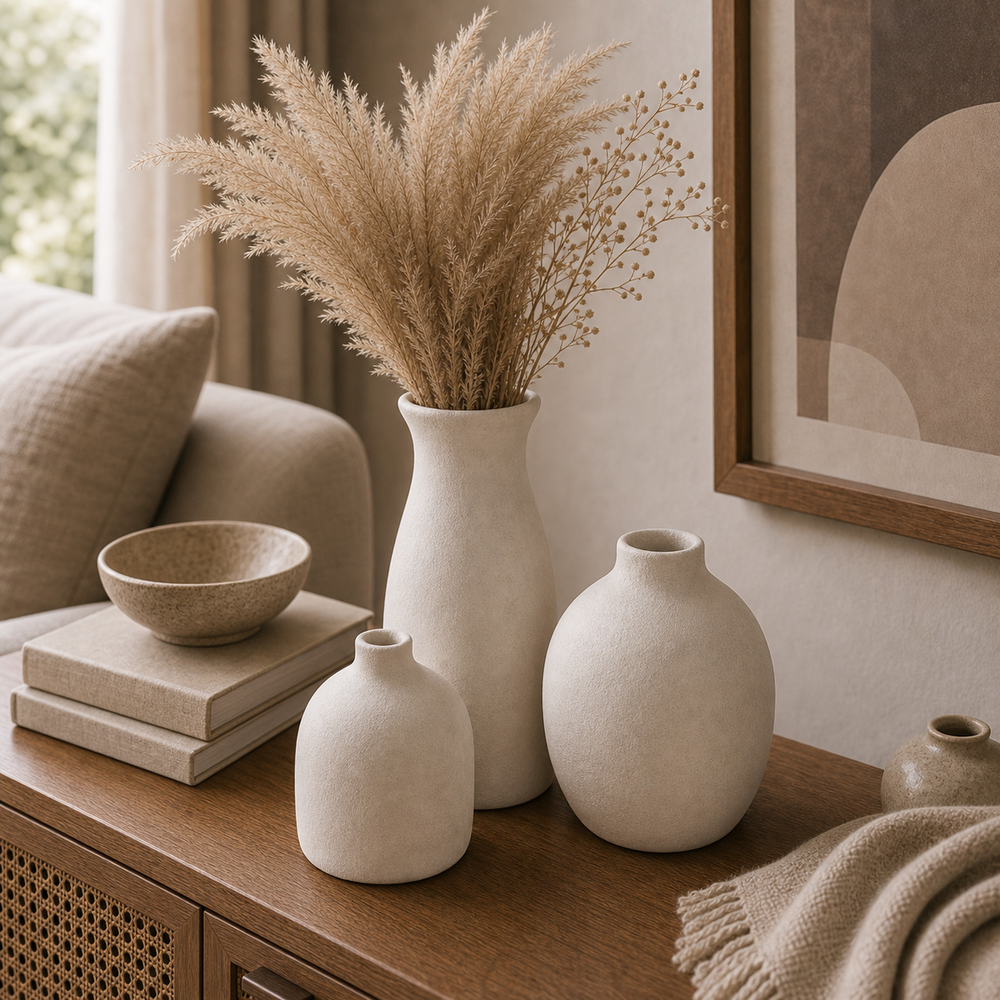 Conjunto de Vasos Decorativos Boho Conjunto de 3 Peças de Cerâmica para Mesa - imagem 07 escala proporcao premium Viorenna