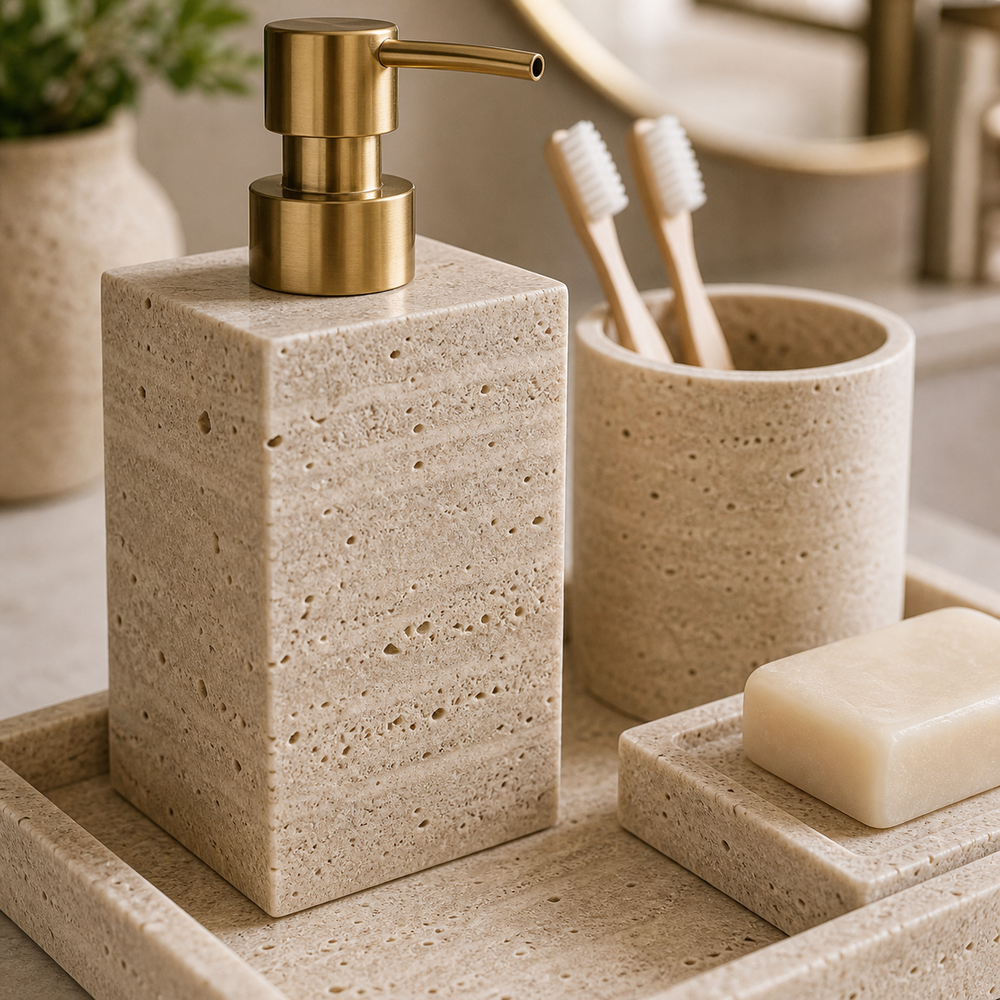 Conjunto para Banheiro Travertino com Bandeja em imagem close material premium - Viorenna