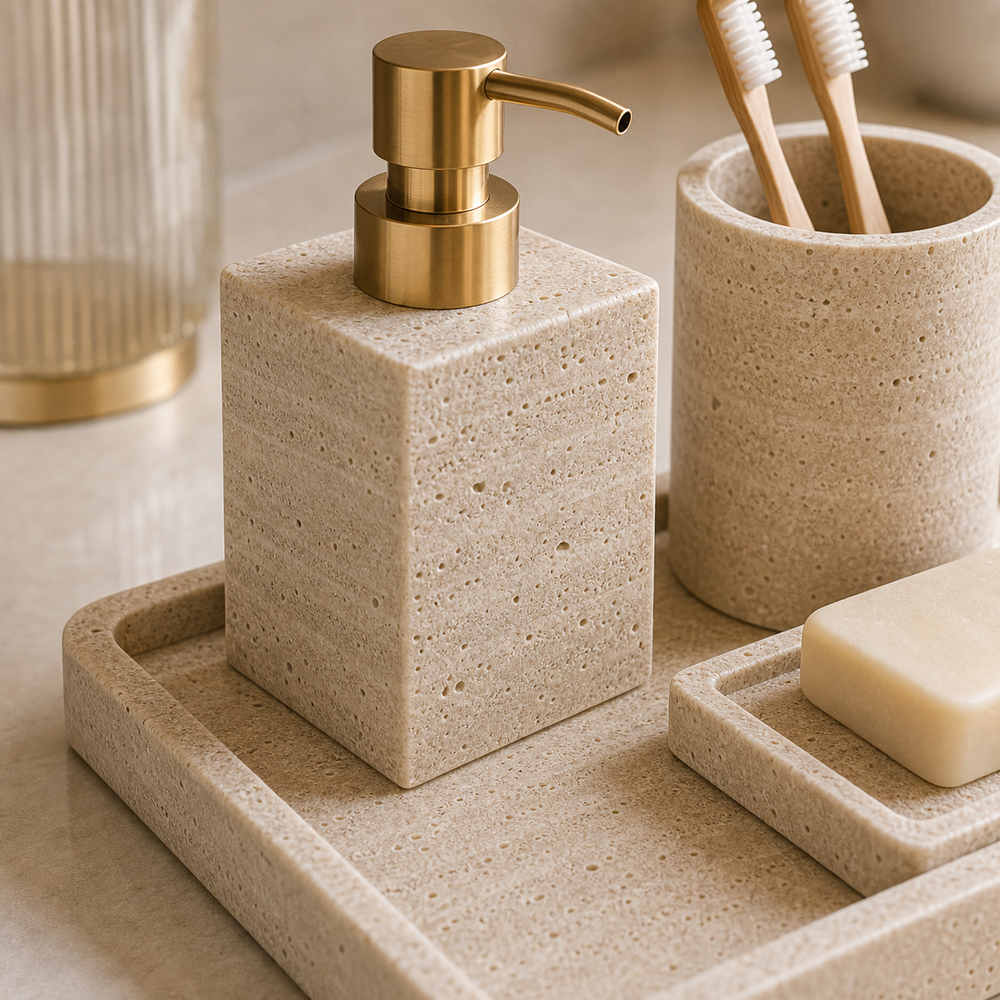 Conjunto para Banheiro Travertino com Dispenser e Bandeja em imagem close material premium - Viorenna