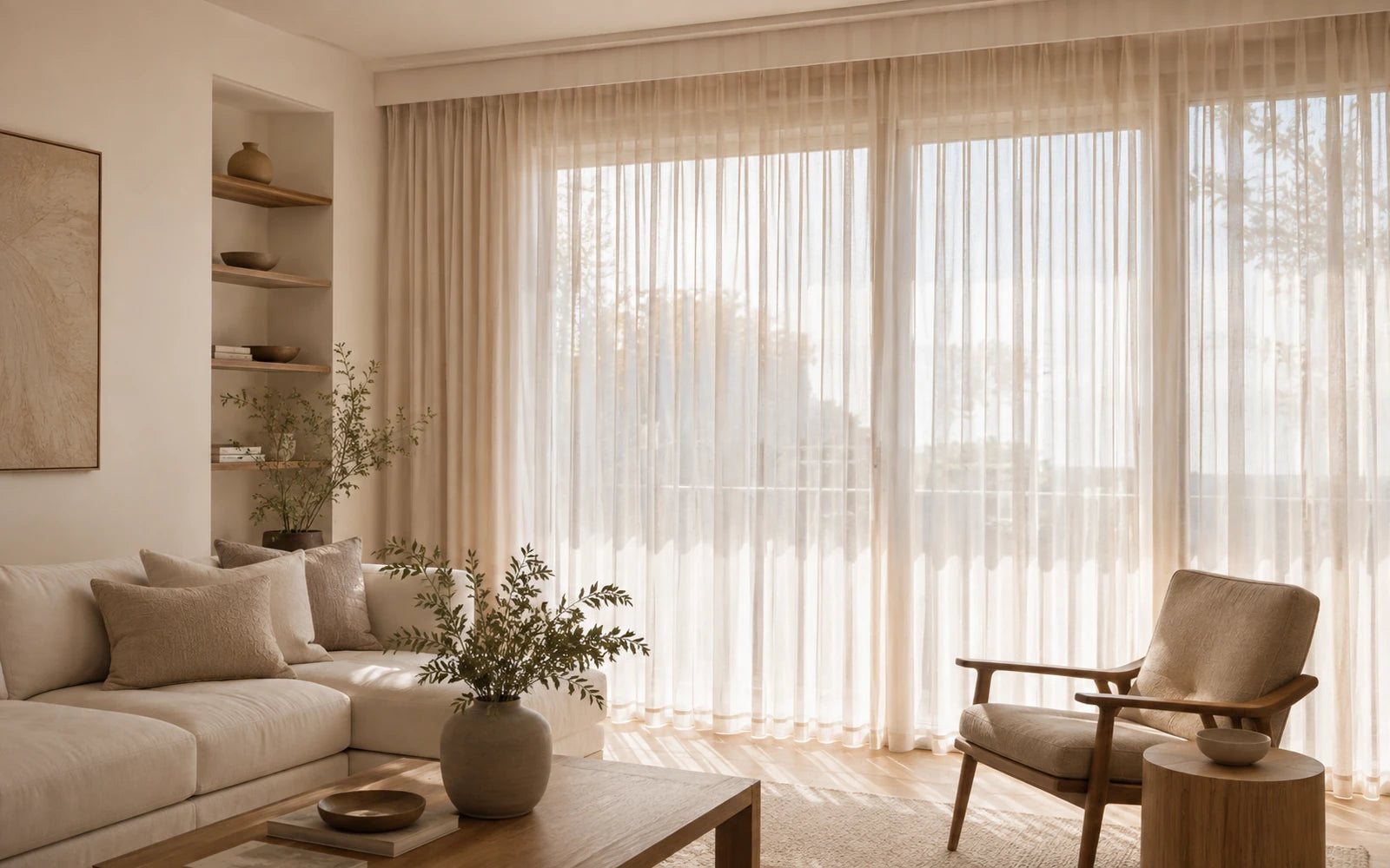 Sala elegante com cortina de voil e luz natural filtrada