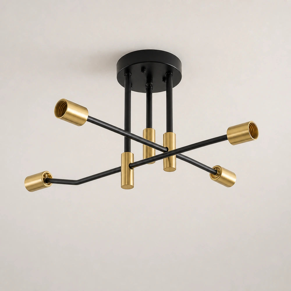 Detalhe dos seis pontos E27 do lustre moderno sem lâmpadas