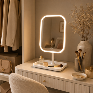 Espelho de Bancada com LED Tricolor Design Moderno em cena decorativa complementar - Viorenna