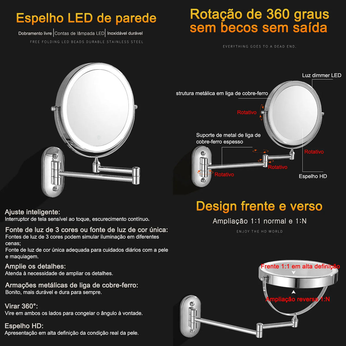 Espelho de Maquiagem Dourado com LED e Aumento em banheiro ou lavabo