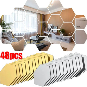 Espelho Decorativo Hexagonal Dourado e Prateado em banheiro ou lavabo