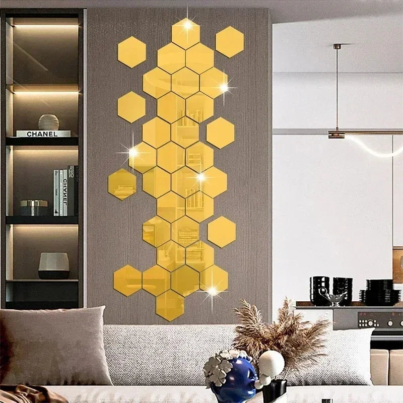 Espelho Decorativo Hexagonal Dourado e Prateado em banheiro ou lavabo