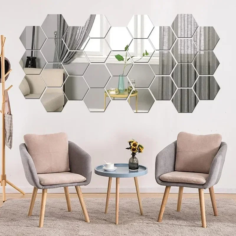 Espelho Decorativo Hexagonal Dourado e Prateado com detalhe de textura e acabamento