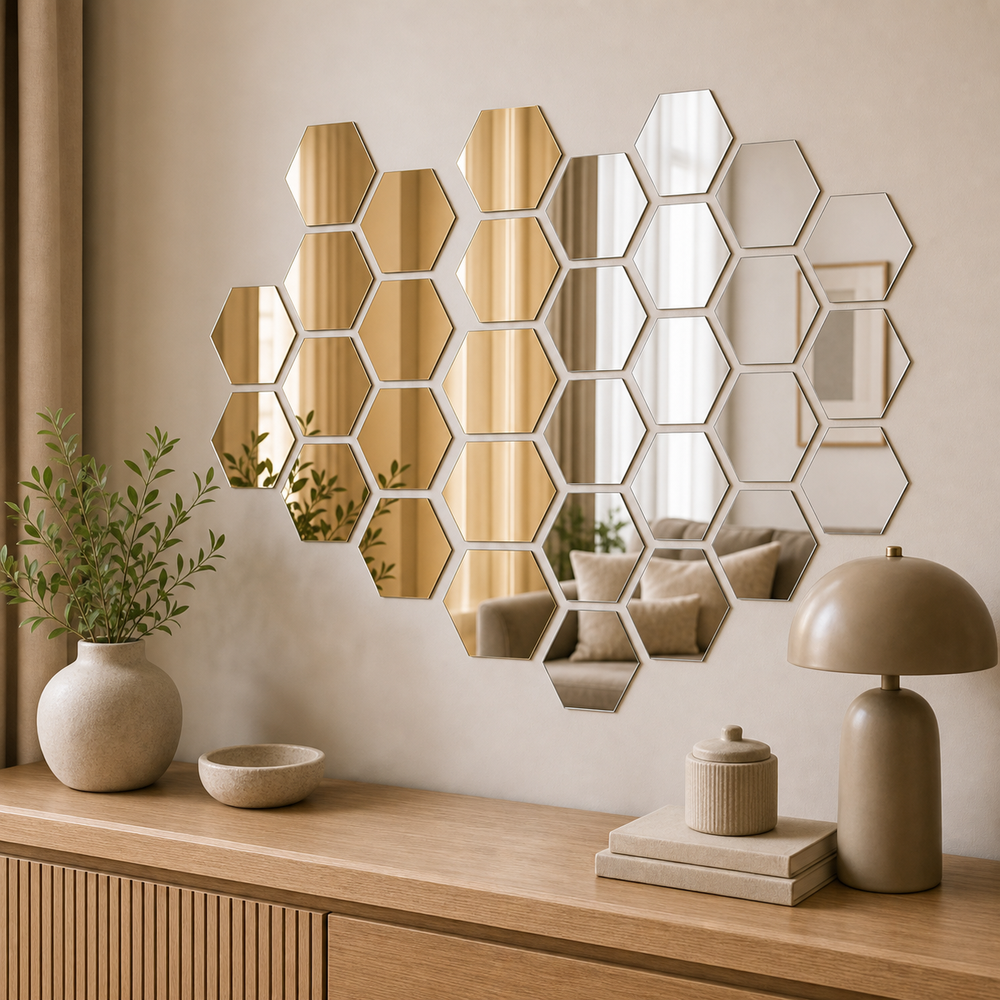 Espelho Decorativo Hexagonal Dourado e Prateado em imagem uso real premium - Viorenna