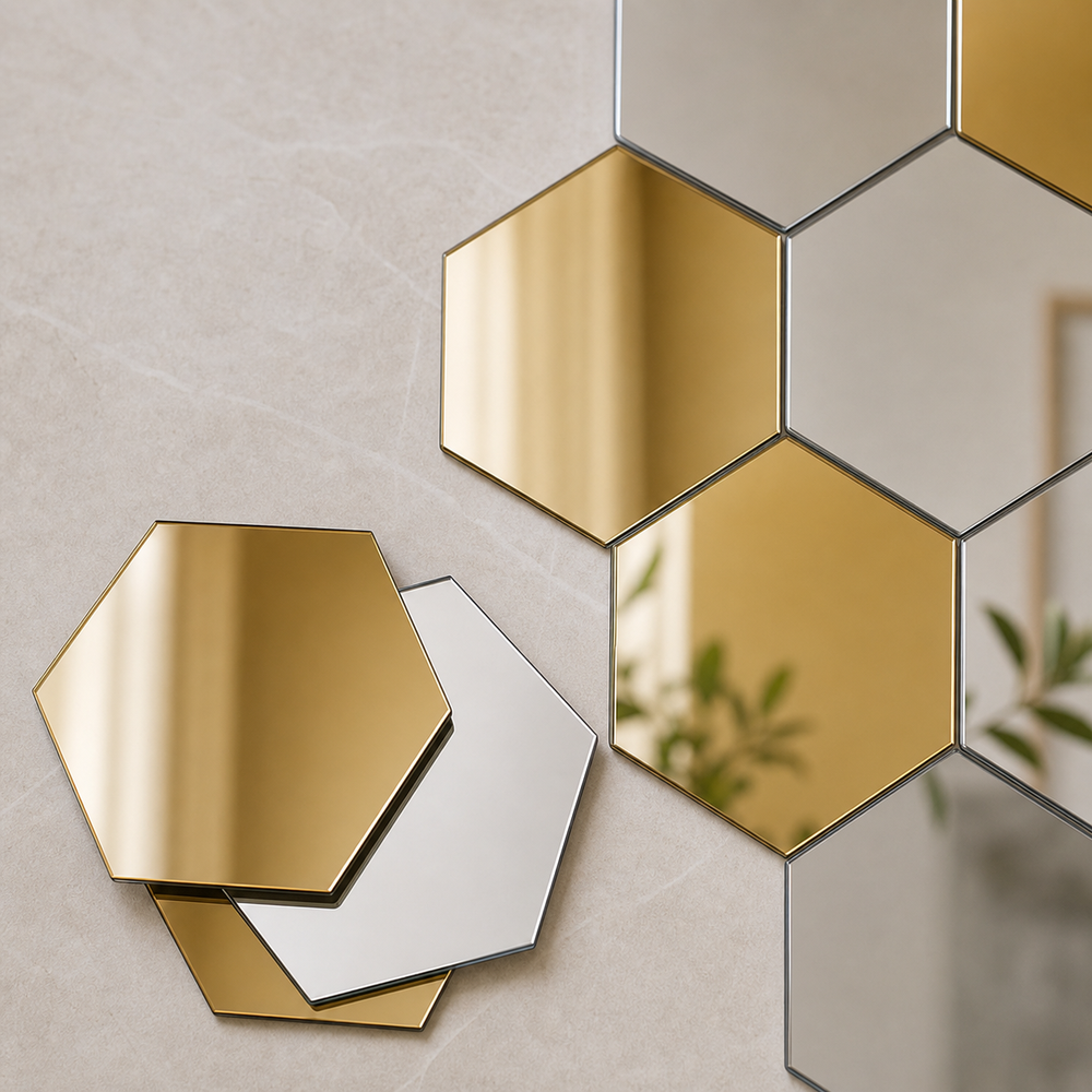 Espelho Decorativo Hexagonal Dourado e Prateado em imagem close material premium - Viorenna