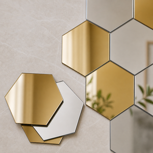 Espelho Decorativo Hexagonal Dourado e Prateado em imagem close material premium - Viorenna