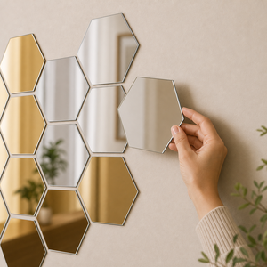 Espelho Decorativo Hexagonal Dourado e Prateado em imagem detalhe funcional premium - Viorenna