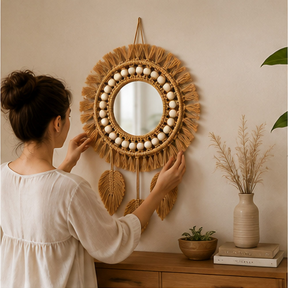 Espelho Decorativo Redondo com Fibra Trançada – Viorenna