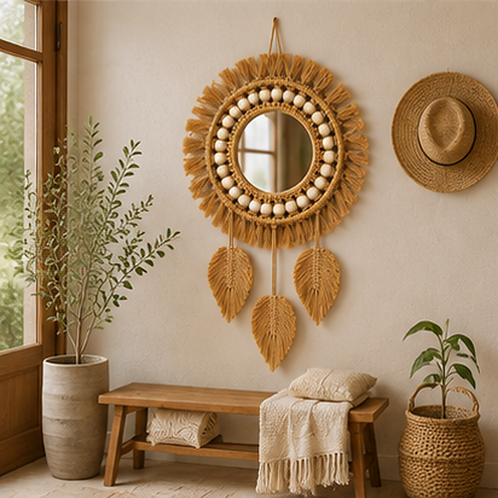 Espelho Decorativo Redondo com Fibra Trançada – Viorenna