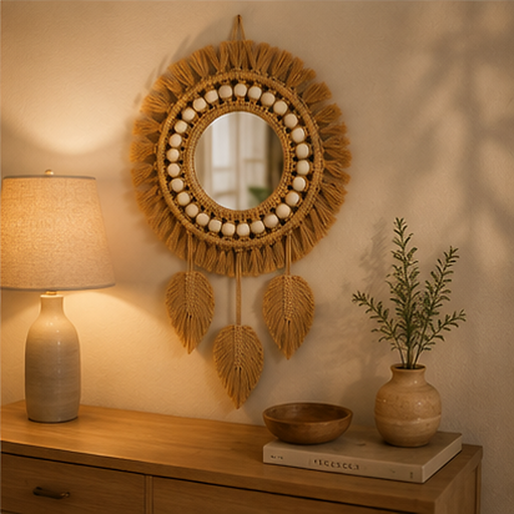 Espelho Decorativo Redondo com Fibra Trançada – Viorenna