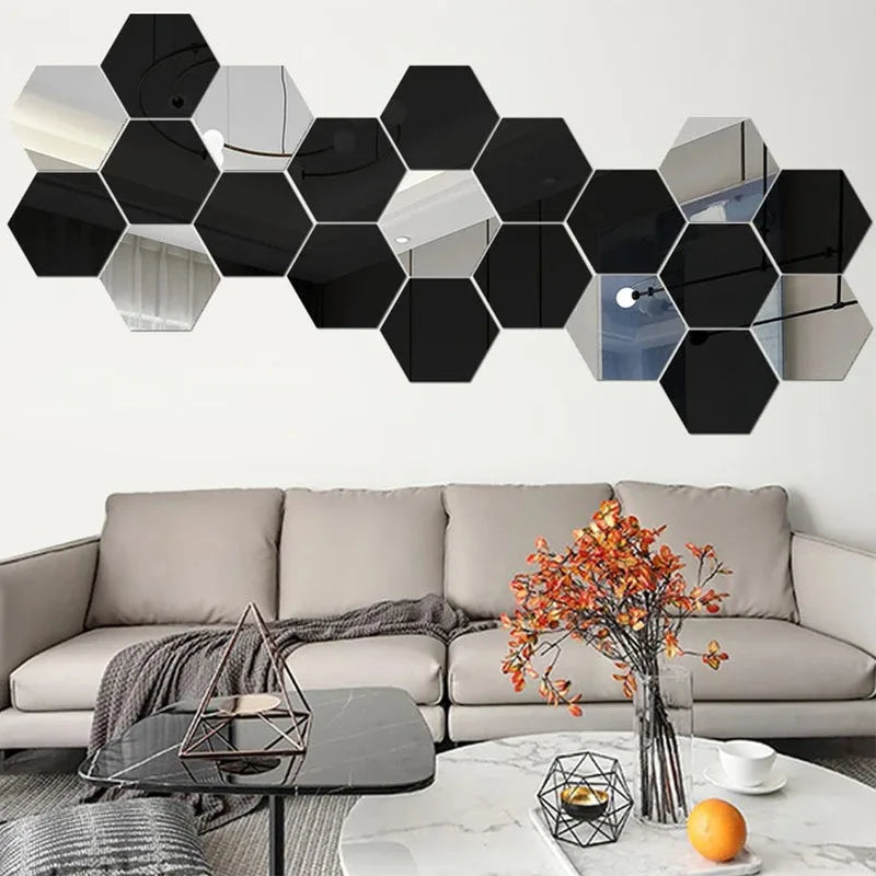 Espelhos Decorativos Hexagonais Adesivos com detalhe de textura e acabamento