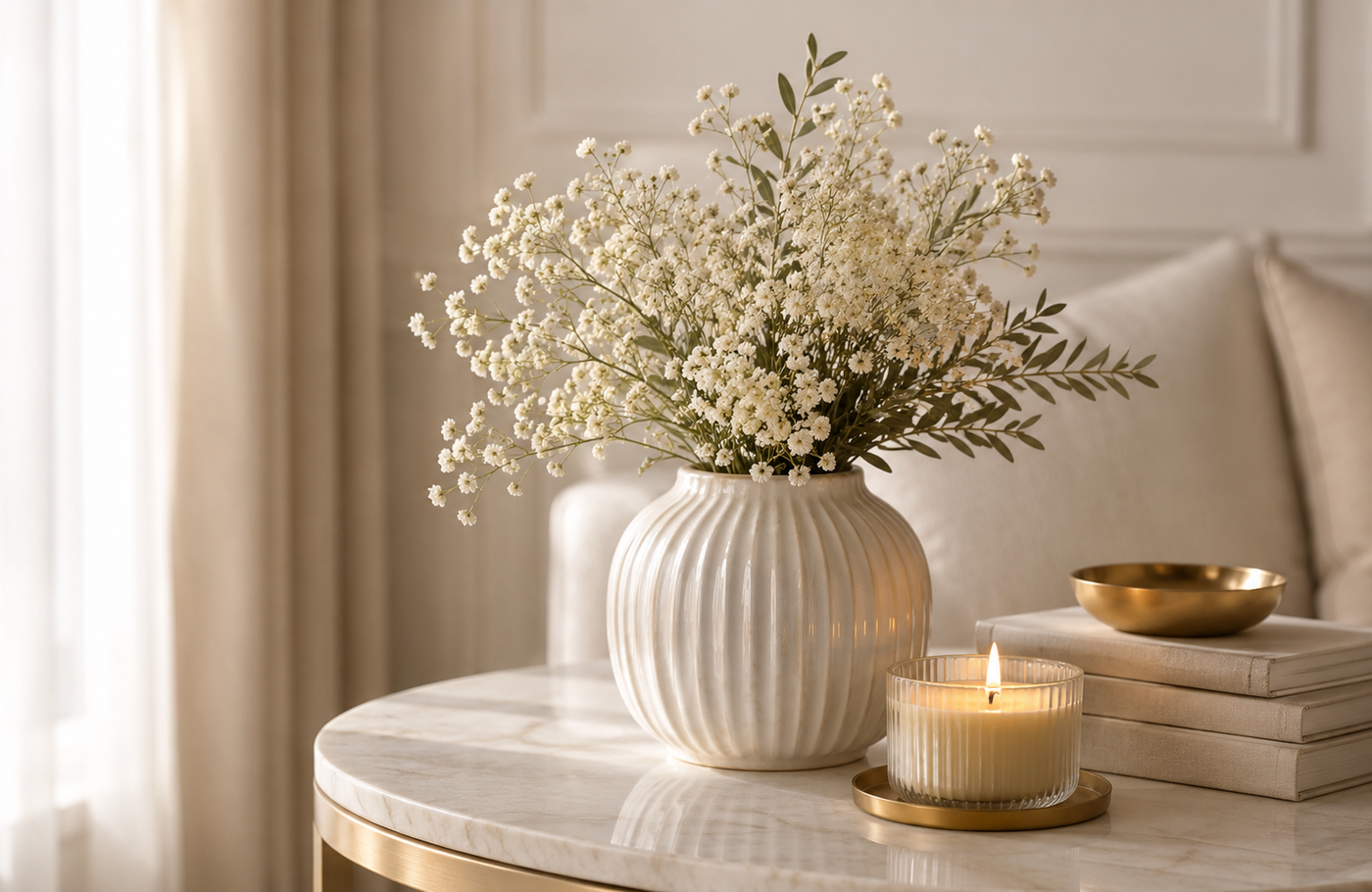 Vaso de cerâmica com flores brancas, vela acesa e livros sobre mesa de mármore em uma decoração elegante e acolhedora