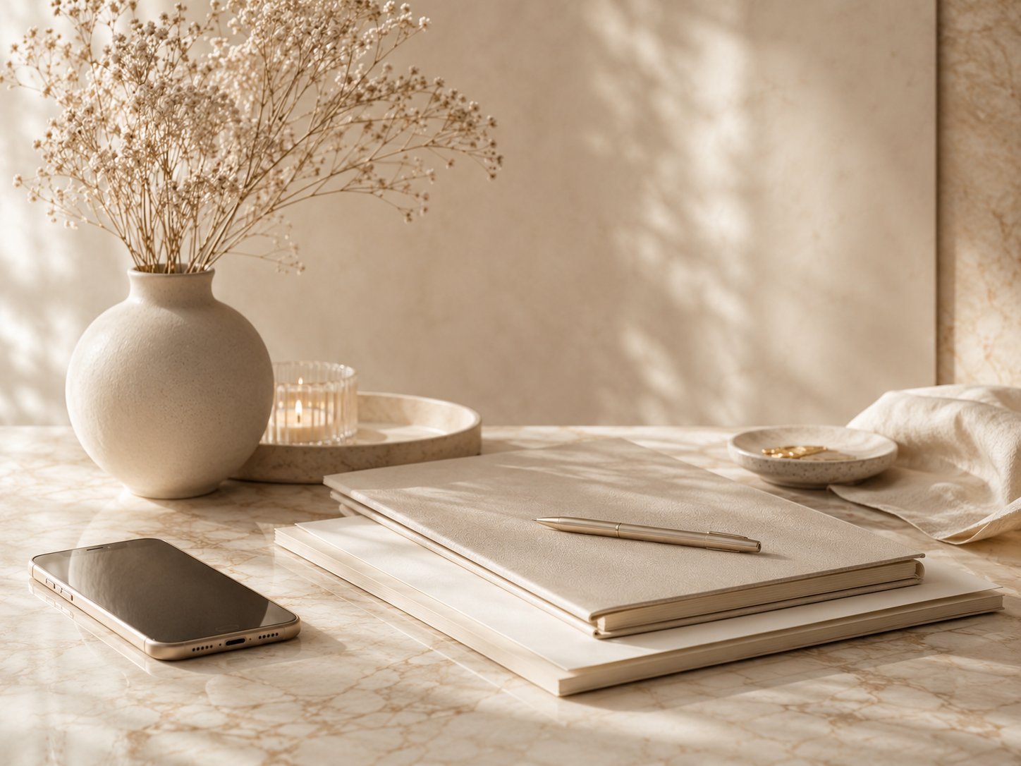 Caderno, caneta e celular em composição elegante para a página de Perguntas Frequentes da Viorenna Maison Decor