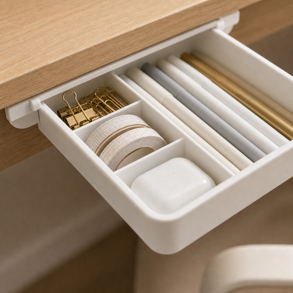 Gaveta Oculta Adesiva para Mesa e Escritório com detalhe de material e acabamento - Viorenna