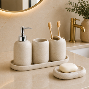 Kit Banheiro Bege e Cinza com Dispenser em banheiro ou lavabo