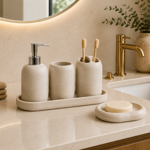 Kit Banheiro Bege e Cinza com Dispenser em banheiro ou lavabo
